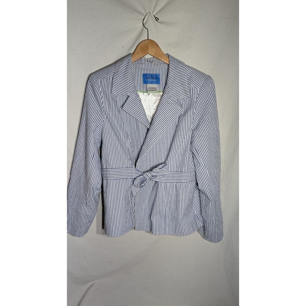 Perfect By Carson Kressley Womens Open Front Tie Waist Seersucker Blazer Sz 14